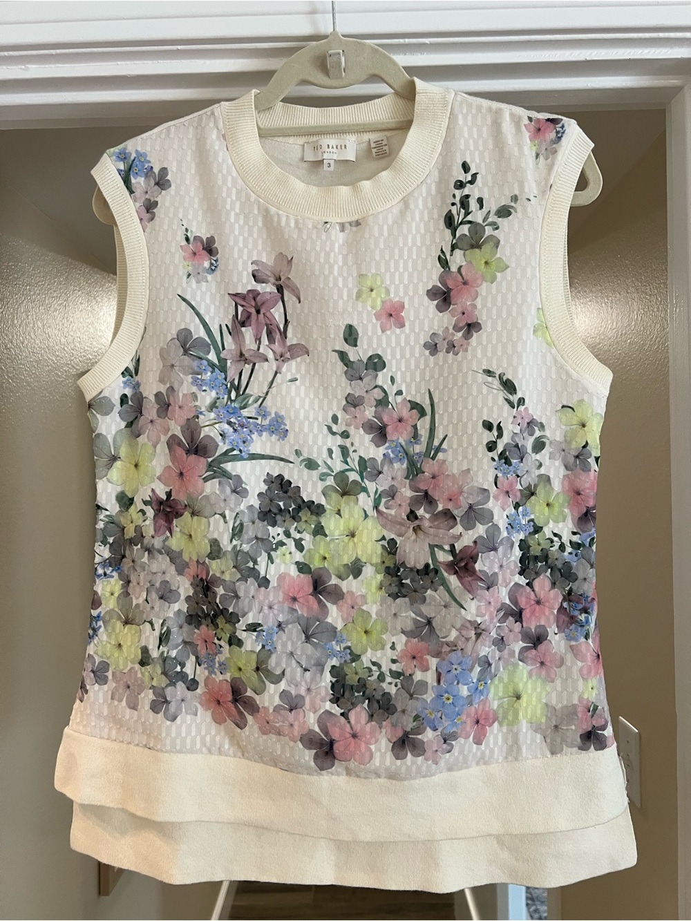 Ted Baker Off White Floral Sleeveless Knit Top with Pastel Blooms